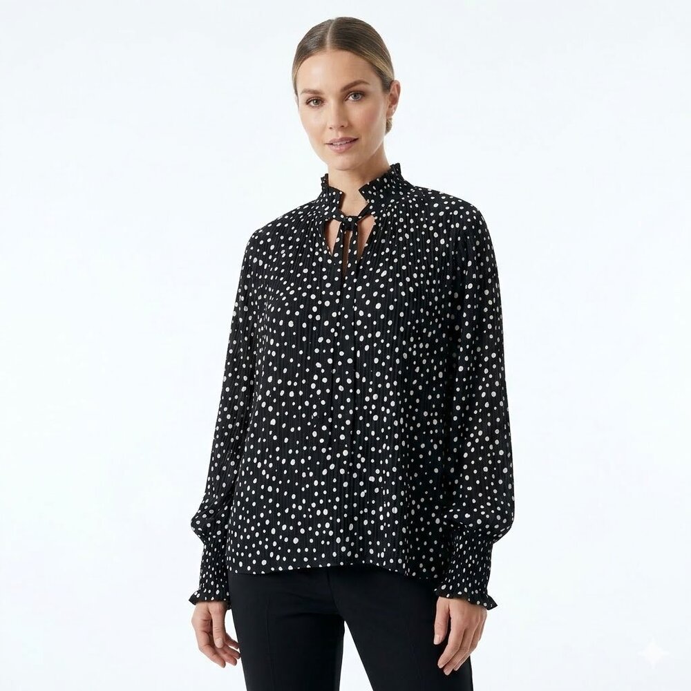 Max Studio Womens XS Black & White Pleated High Neck Polka Dot Top Accordion